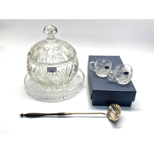 782 - Quality IMPURLUX cut crystal punch bowl with silver plated ladle and six boxed bohemia crystal cups.