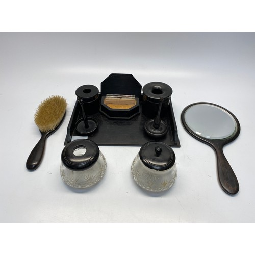 788 - Vintage ebonised dressing table set.