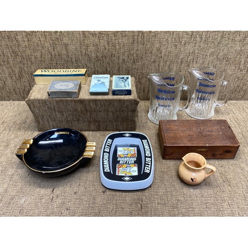 1123 - Selection of brewery and vintage pub items including: Guinness ash tray, Onores cigar box and Senior... 