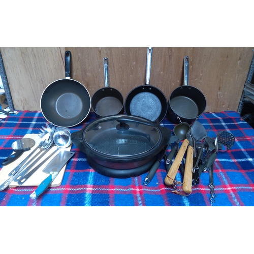 188 - Quantity of kitchen items including Anolon saucepans and a Supor electric wok