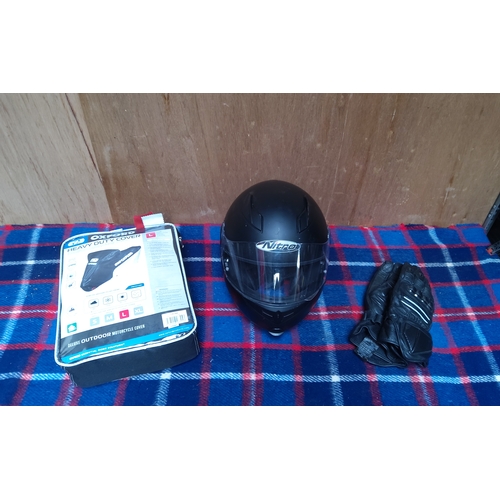 198 - Flip front motorcycle helmet, gloves size 8 and a heavy duty cover