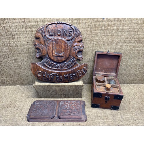 1134 - Treen items including: antique padded carrying box with bottles ( possibly for explosives , large ha... 