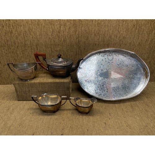 1137 - Silver plate items including: plate, tray and teapot.