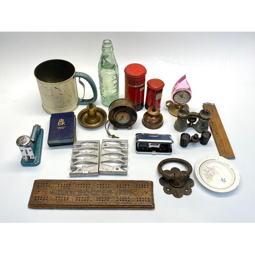 522 - Antique curiosities including: Theatre glasses, money boxes and glass bottle (Cardiff).