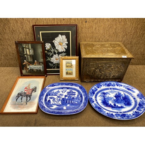 193 - Large brass box, large white and blue ceramic meat trays and antique framed pictures.