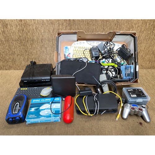 271 - Box of mixed electricals including wind up radio and game controllers.