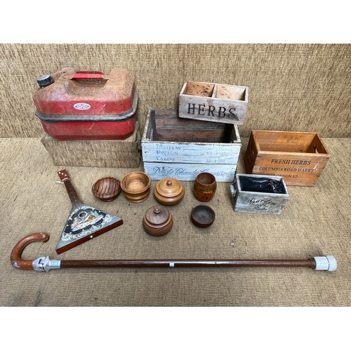 287 - Mixed vintage items including: Food creates, shooting stand and a Valor petrol can.