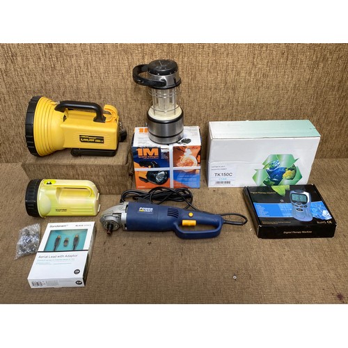 288 - Mixed electricals including: PowerCraft angle grinder and a vintage 5 million candle powered torch/s... 