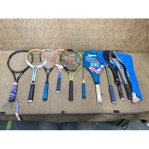 292 - Large collection of tennis and badminton rackets including: Slazenger.