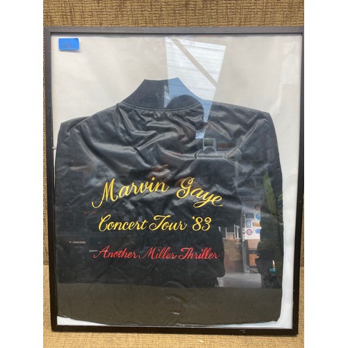 1065 - Orginal Marvin Gaye concert tour 1983 another miller thriller crew bomber jacket framed.