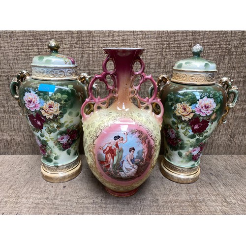 1075 - Pair of vintage urns with a green glaze and a vintage vase with painted ladies of the base.