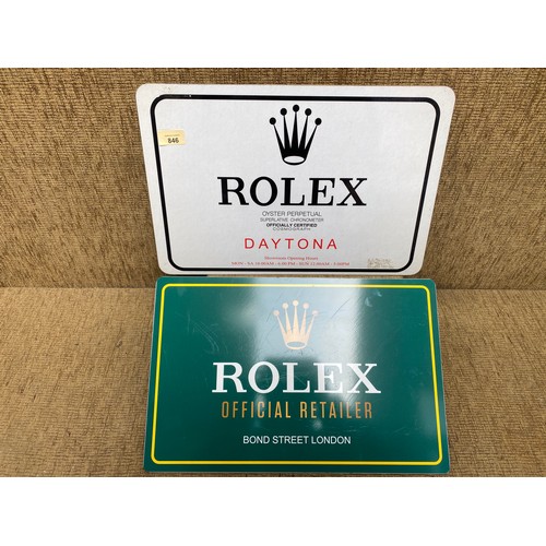 846 - 2 Rolex signs, one metal and one plastic. Size: 46cm x 21cm.