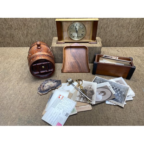 1084 - Mixed items including: a Wood and copper beer keg, a Metamec mantle clock and Selection of antique p... 