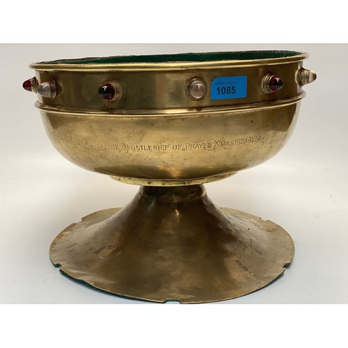 1085 - Interesting large Brass bowl, adorned with semi precious stones presented by the apostleship of pray... 