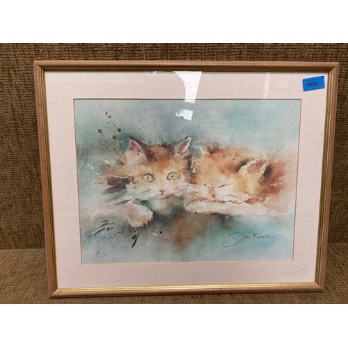 1095 - Watercolour of two resting cats signed by artist