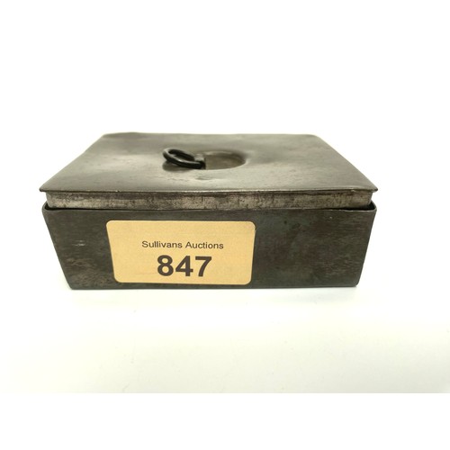 847 - Hand made pewter box containing a watch chain, cufflinks and yellow metal early buttons.