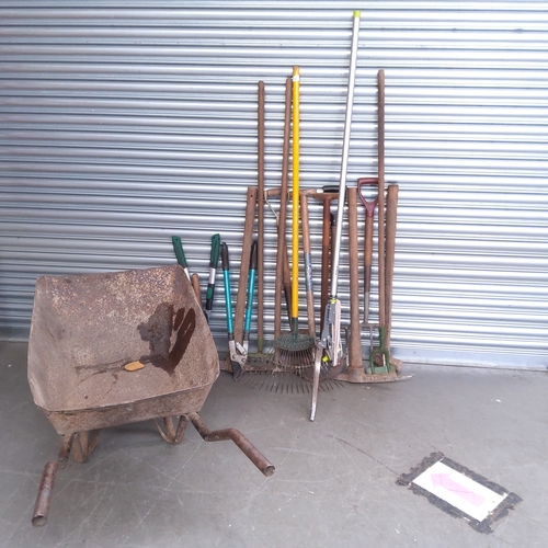 97 - Large amount of garden tools including a metal wheelbarrow