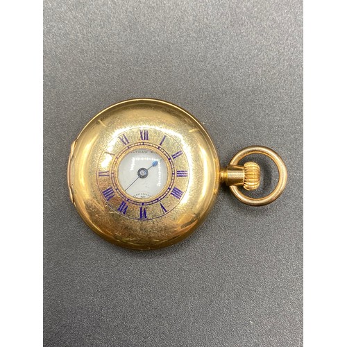 849 - A.W.W Co Waltham mass half hunter ladies watch 14ct gold plated pocket watch, working.