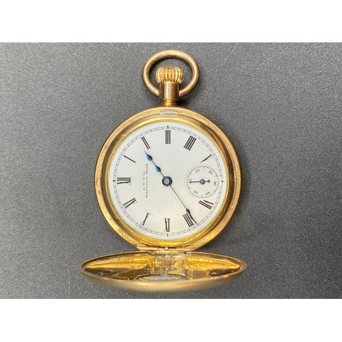 849 - A.W.W Co Waltham mass half hunter ladies watch 14ct gold plated pocket watch, working.