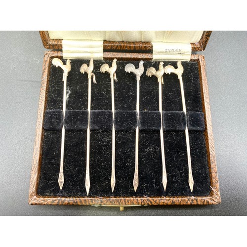 850 - cased set of six Sterling silver cocktail sticks with cockerels to top (cased) by Zarger. Birmingham... 