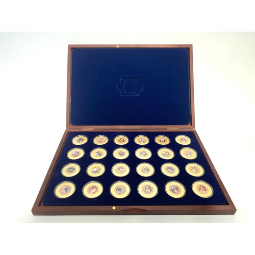 857 - Windsor mint 24k gold layered coins. 24 coins in a complete collection, in a sturdy wooden case with... 