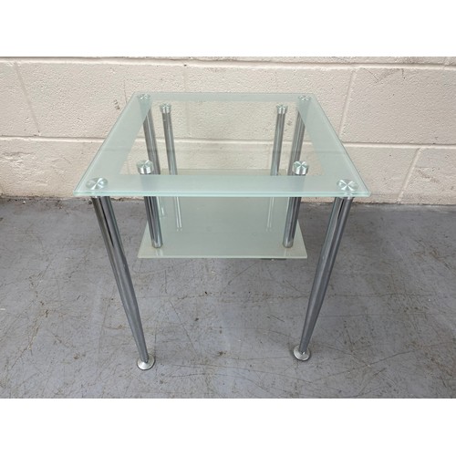 103 - Small frosted tampered glass coffee table. 40cm high.