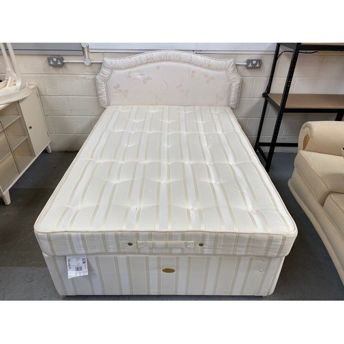 107 - Double silent night bed,  four draw devan and headboard. (as new).