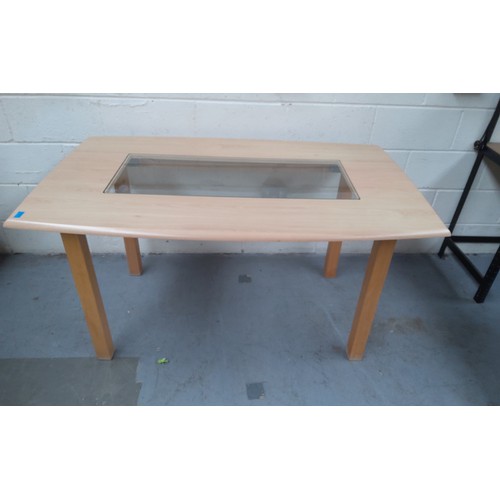 1114 - Solid wood ash dining table with glass centre. 146cm x 85cm.