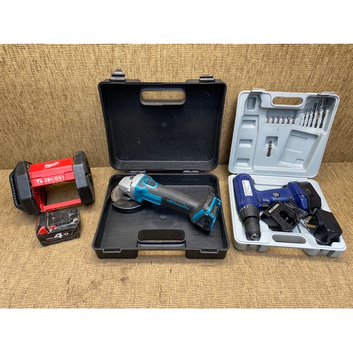 125 - Milwaukee LED Light and Lithium ION battery, a angle grinder and a combo drill.