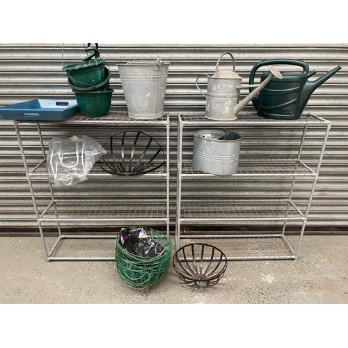 153 - Large selection of gardening items including: 2 green house vegetable racks, galvanised buckets and ... 