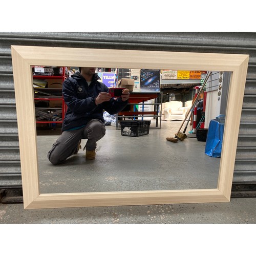 158 - modern style mirror with wood effect boarder.