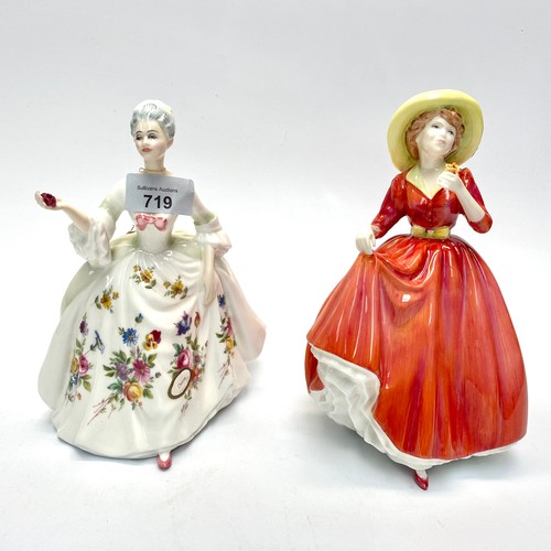 719 - 2 Royal Doulton figures including : Diana HN2468 and a single red rose HN3376.