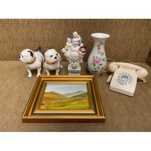 481 - Merthyr Artist Valerie Vale oil painting, buddha and ceramic dogs.