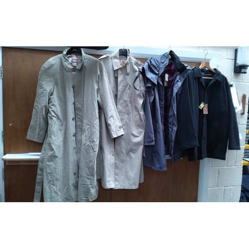 468B - Four coats with labels, including rain man and baracuta.