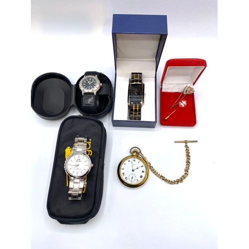 885 - A selection of watches including Slazenger, Guinness, Smiths pocket watch, HMO solar watch and tie p... 