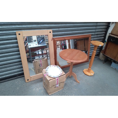 69A - Boxed EIT dinner set and a plant stand Two mirrors and a table