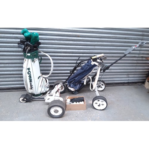 188 - Powecaddy classic electric golf trolley, graphite l clubs, lightweight trolley and bag, and accessor... 