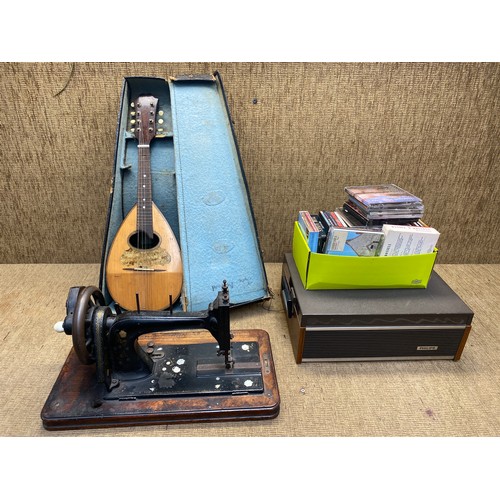 212 - Vintage mandolin, sewing machine, south wales mining plate and a mix of CD.