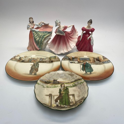 733 - 3 Royal Doulton figures: Wimson HN2220, Elaine HN3327 and Anne HN3257.
Royal Doulton dickinsware bow... 