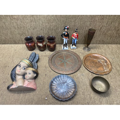 1221 - Choke native American figure, 2 soldiers, Asian brass items and Ewenny pottery.