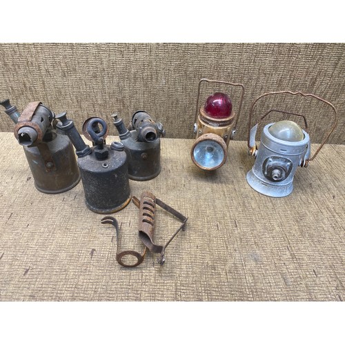 493 - Selection of vintage blow lamps and miners lamps.