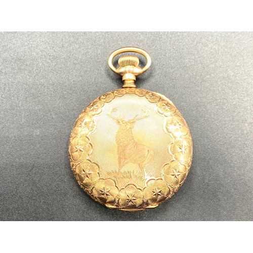 893 - As stunning yellow metal A.W.W Co Waltham mass Pocket watch, with a stag engraved to the rear. Seria... 