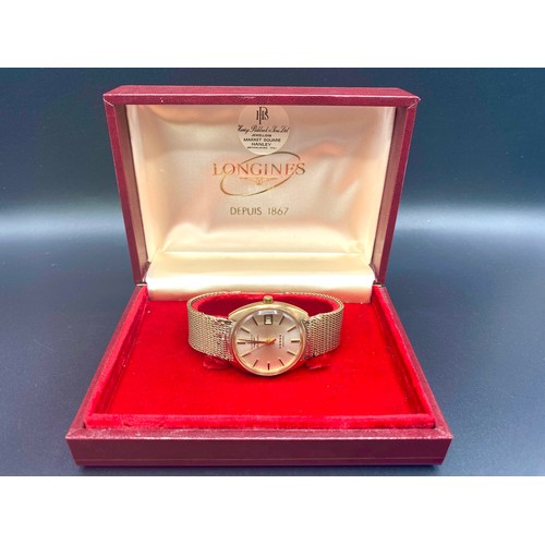 895 - Longines 9ct Gold Watch and strap. 5 star automatic in its original box from Market Square. Total we... 