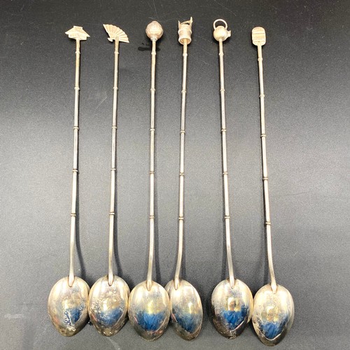 905 - Wonderful set of sterling silver soda/cocktail spoons, bamboo shafts with Chinese styled figures at ... 