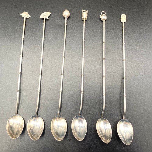 905 - Wonderful set of sterling silver soda/cocktail spoons, bamboo shafts with Chinese styled figures at ... 