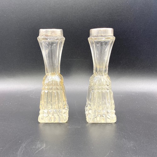 906 - Two silver topped cut crystal hat pin vases/stem vases. Early hallmarks possibly London 1872.