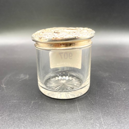 907 - Silver topped jar NHM Rg number on lid, gold gilt inside lid. 6cm tall`