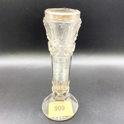 909 - Cut crystal stem vase with silver rim 5cm high.