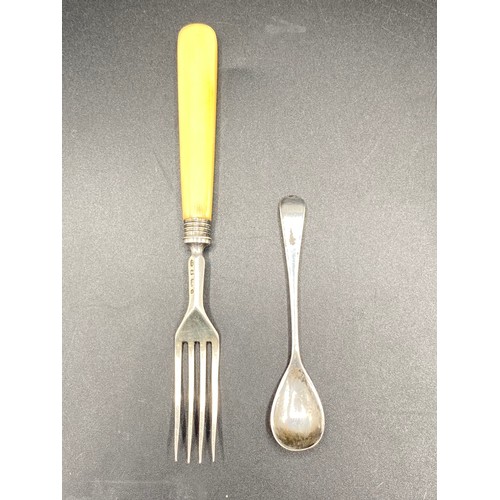 914 - Sterling silver Fruit fork Sheffield Circa 1800 by Aaron Hadfield and a salt spoon Birmingham 1881 b... 