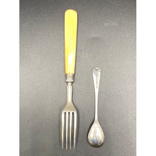 914 - Sterling silver Fruit fork Sheffield Circa 1800 by Aaron Hadfield and a salt spoon Birmingham 1881 b... 